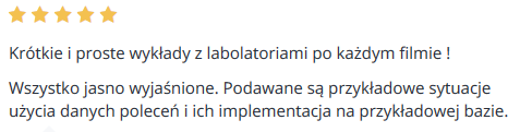 Krótkie i proste wykłady z labolatoriami po każdym filmie ! Wszystko jasno wyjaśnione. Podawane są przykładowe sytuacje użycia danych poleceń i ich implementacja na przykładowej bazie.