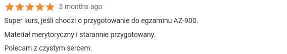 Super kurs, jeśli chodzi o przygotowanie do egzaminu AZ-900.Materiał merytoryczny i starannie przygotowany.Polecam z czystym sercem.