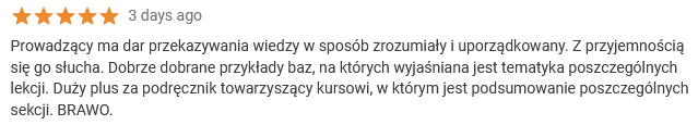 Prowadzący ma dar przekazywania wiedzy w sposób zrozumiały i uporządkowany. Z przyjemnością się go słucha. Dobrze dobrane przykłady baz, na których wyjaśniana jest tematyka poszczególnych lekcji. Duży plus za podręcznik towarzyszący kursowi, w którym jest podsumowanie poszczególnych sekcji. BRAWO.