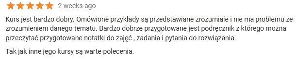 Kurs jest bardzo dobry. Omówione przykłady są przedstawiane zrozumiale i nie ma problemu ze zrozumieniem danego tematu. Bardzo dobrze przygotowane jest podręcznik z którego można przeczytać przygotowane notatki do zajęć , zadania i pytania do rozwiązania. Tak jak inne jego kursy są warte polecenia